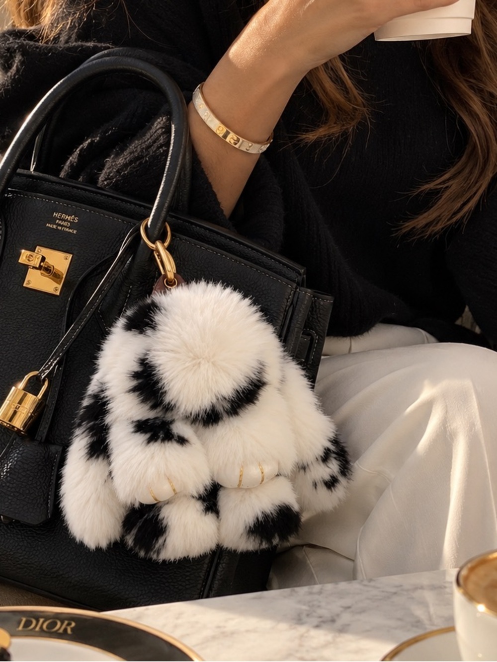 Fluffy Black & White Bunny Bag Charm Keychain • Plush Purse Charm